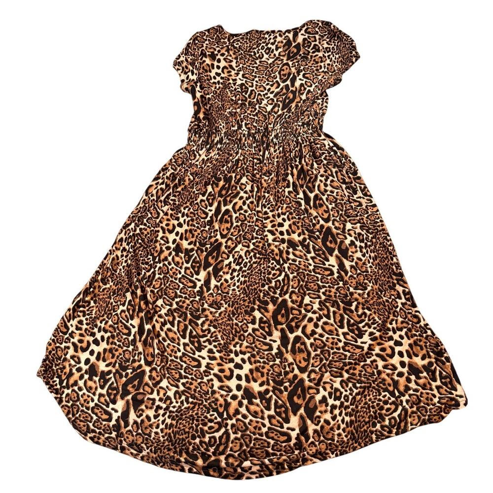Body Central Leopard Animal Print Maxi Dress Smocked Waist Cap Sleeve Brown